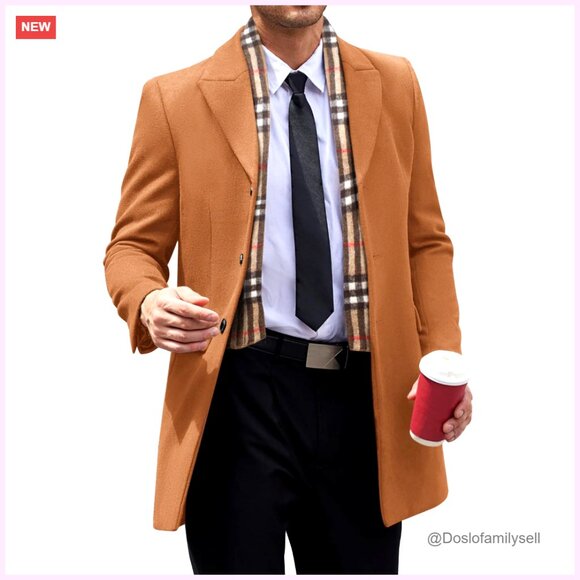 Classic Wool Blend Pea Coat Detachable Plaid Scarf Single Breasted Trench